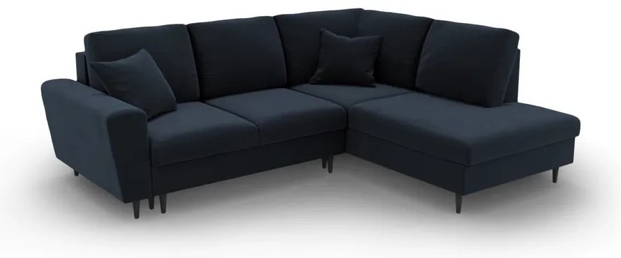 Tmavomodrá zamatová rozkladacia/s úložným priestorom rohová pohovka (pravý roh/do L) Kyoto – Cosmopolitan Design