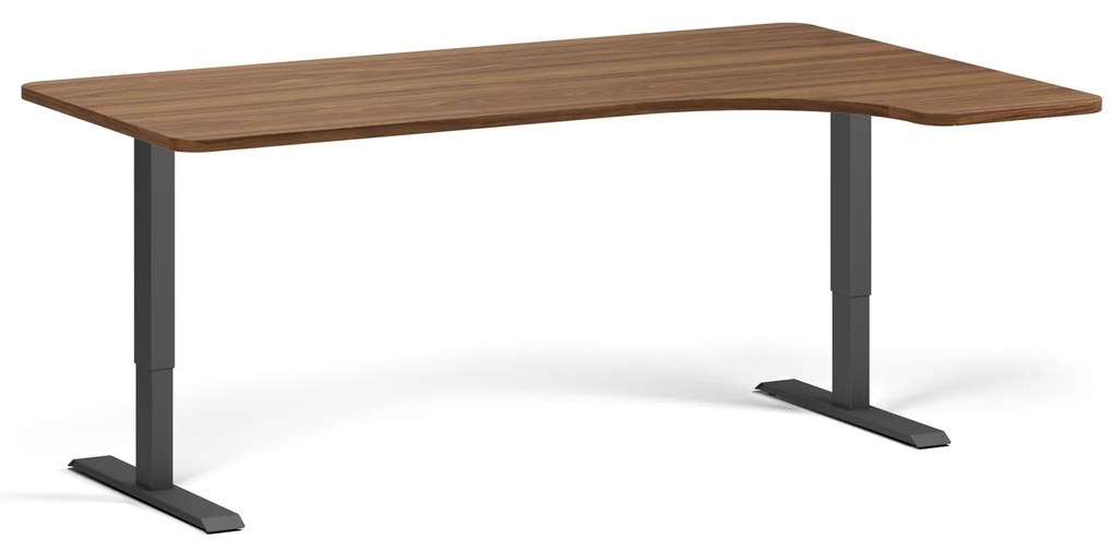 Rohový výškovo nastaviteľný stôl, 180x120 cm, 1 motor, L/P, čierna podnož, orech
