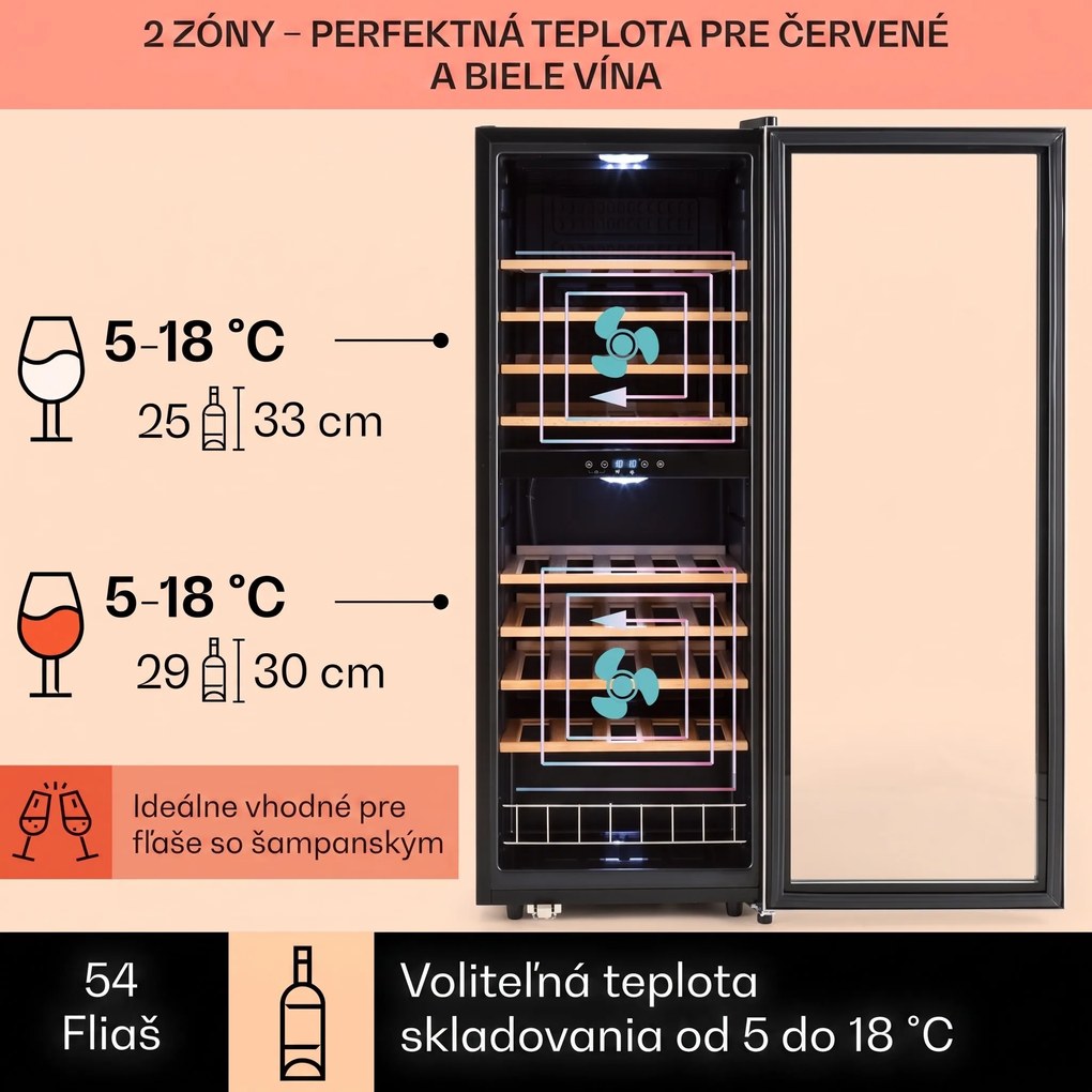 Klarstein Vinamour 54D, vinotéka, 148 l, 54 fliaš, 2 zóny, čelo z nehrdzavejúcej ocele