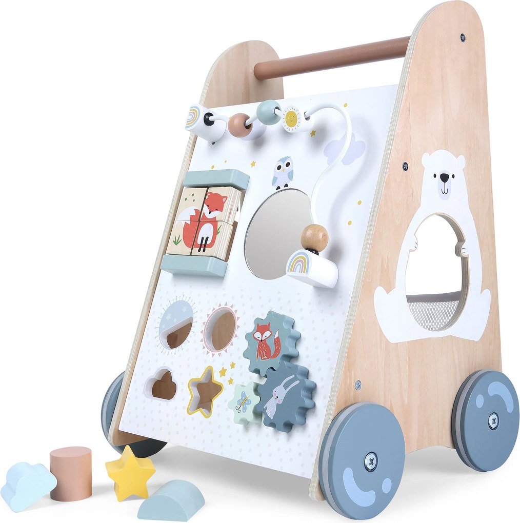 MULTISTORE Drevené chodítko ECOTOYS pre deti 18+ mes. – edukačné s kockami a pohyblivými prvkami