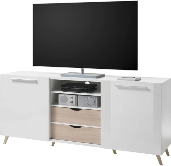 Sconto TV komoda PUSH biela vysoký lesk/dub sonoma