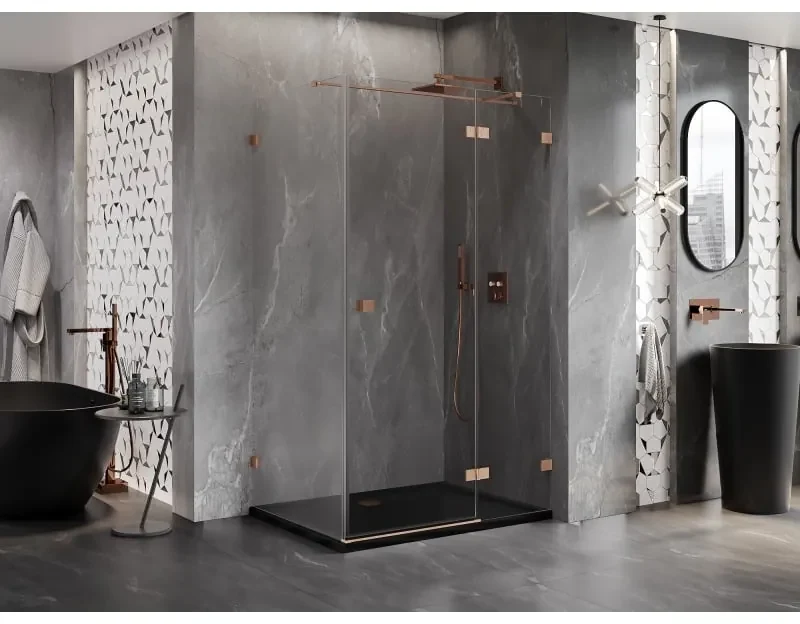 Mexen Lunar T, sklopný pravý sprchový kút 140 x 70 cm, 8mm číre sklo, profil medená matná, 834T-140-070-65-00-P
