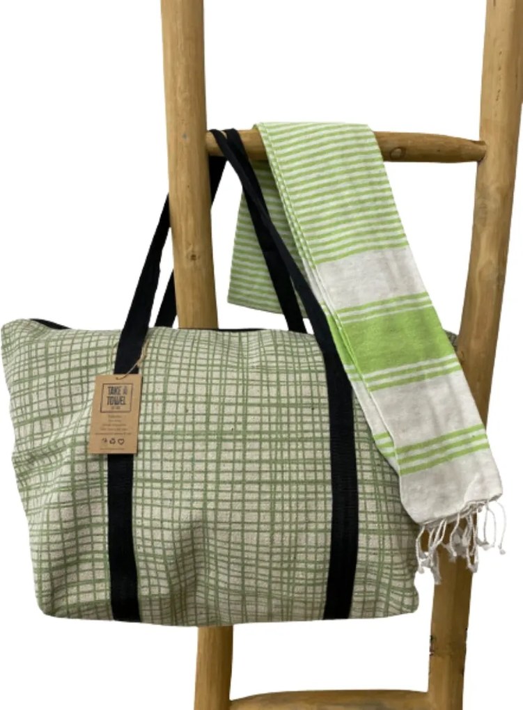 Štýlový set plážovej tašky + osušky HAMAM 75x150 cm, zelený, 100% bavlna