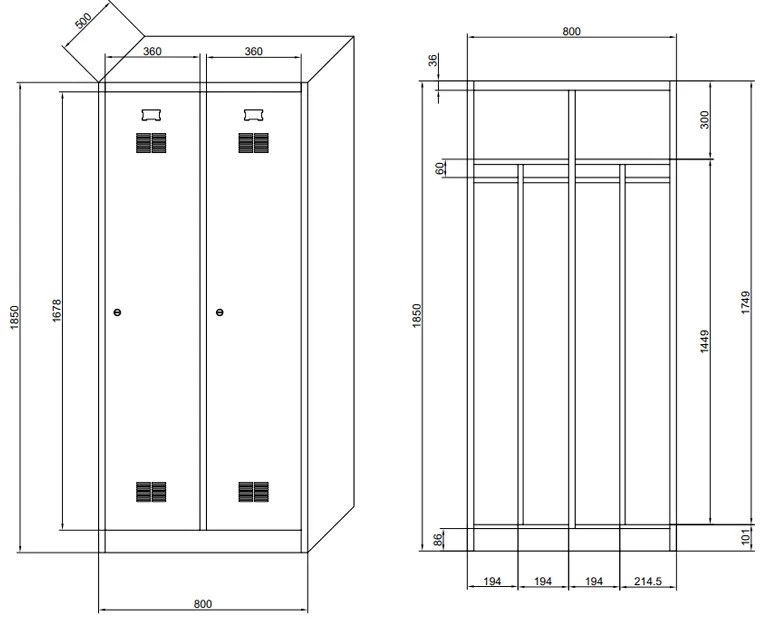 Kovová šatníková skrinka S1 s medzistenou, 2 oddiely, 1850 x 800 x 500 mm, cylindrický zámok, zelené dvere