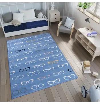 Modrý detský koberec s okuliarmi