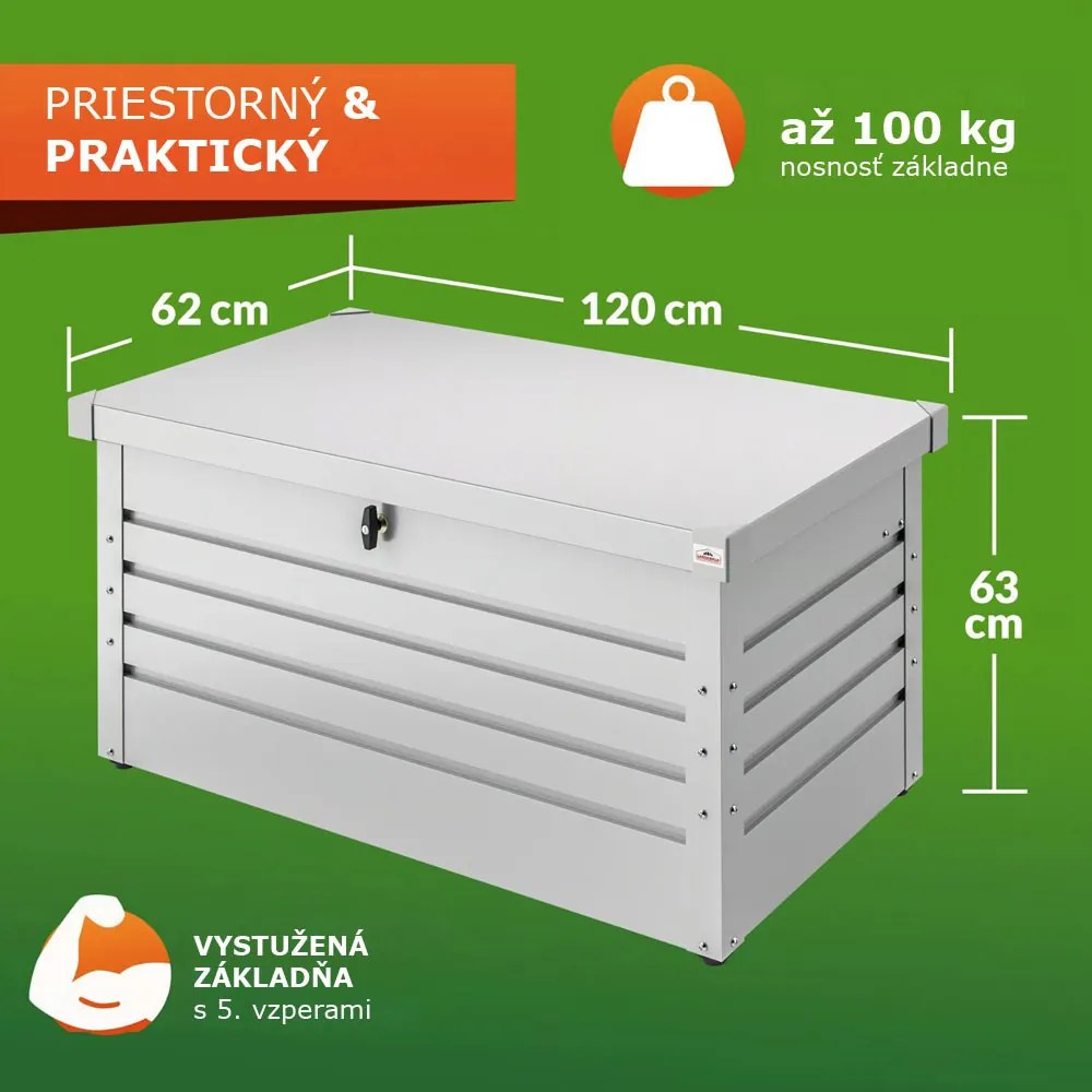 Kovový úložný box METALBOX, 385L, 120x62x63cm, šedá Gardebruk