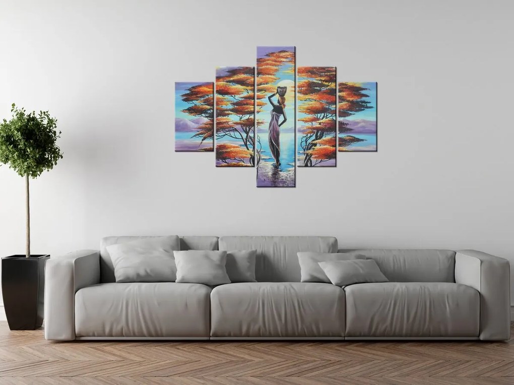 Gario Ručne maľovaný obraz Africká žena s košíkom - 5 dielny Rozmery: 150 x 70 cm