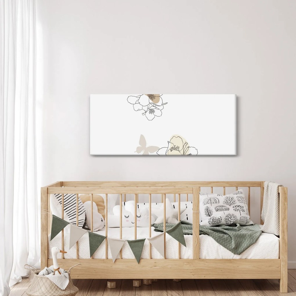 Obraz - Béžové kvety s motýľom N⁰2 (120x50 cm)