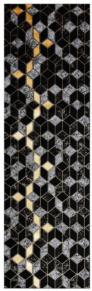 Dywany Łuszczów, Koberec behúň Gloss 400B 86 3D geometric black/gold, 60x300, čierna, obývacia izba