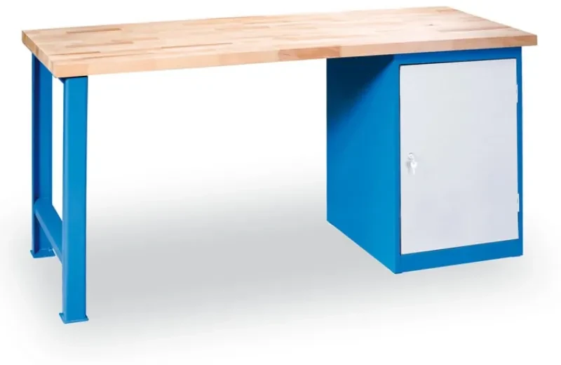 Dielenský pracovný stôl GD, buková škárovka, pevná noha + zásuvková dielenská skrinka na náradie, 1500 x 685 x 850 mm, modrá