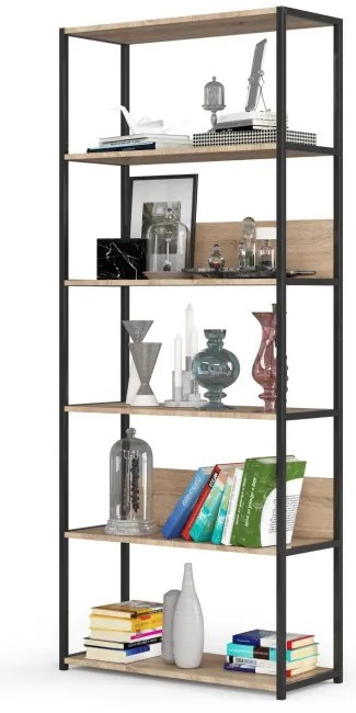 Kovový regál 80 cm, 6 políc, čierny / dub sonoma
