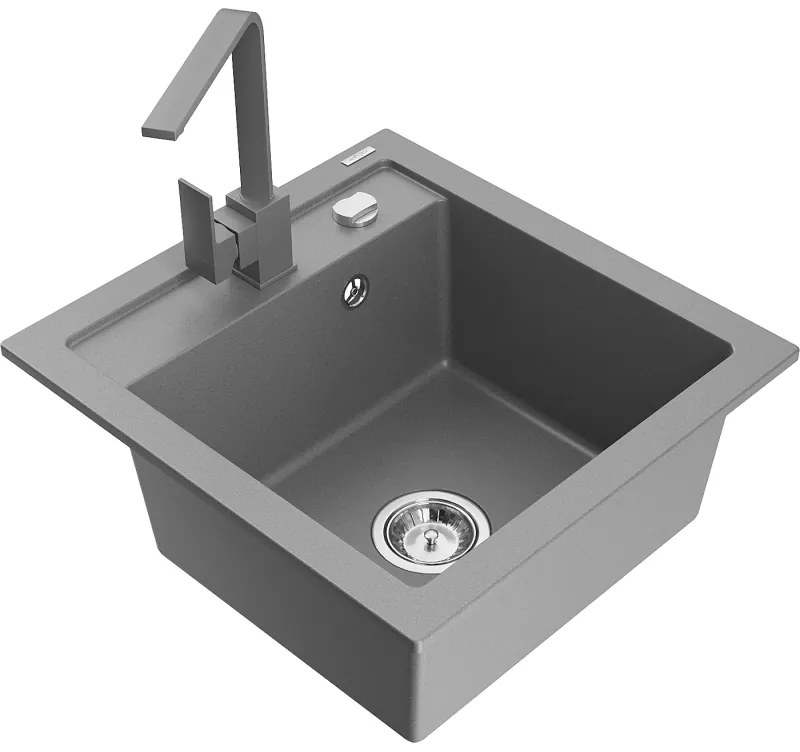 Mexen Vito, 1-komorový granitový drez 520x490x210 mm, šedá batéria Rita, šedá, 6503-71-670300-71