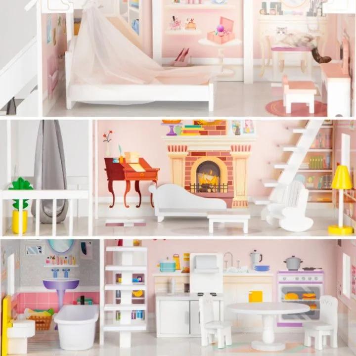 Krásny drevený domček  pre bábiky s nábytkom