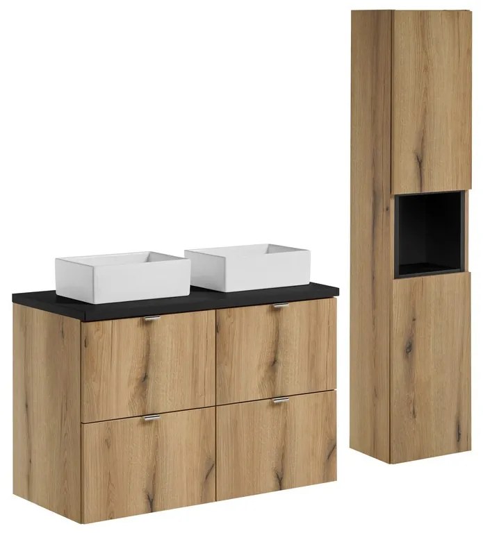 Kúpeľňová zostava Nova Oak Gaja so skrinkami a umývadlom 100 cm dub v dekore Evoke/čierna
