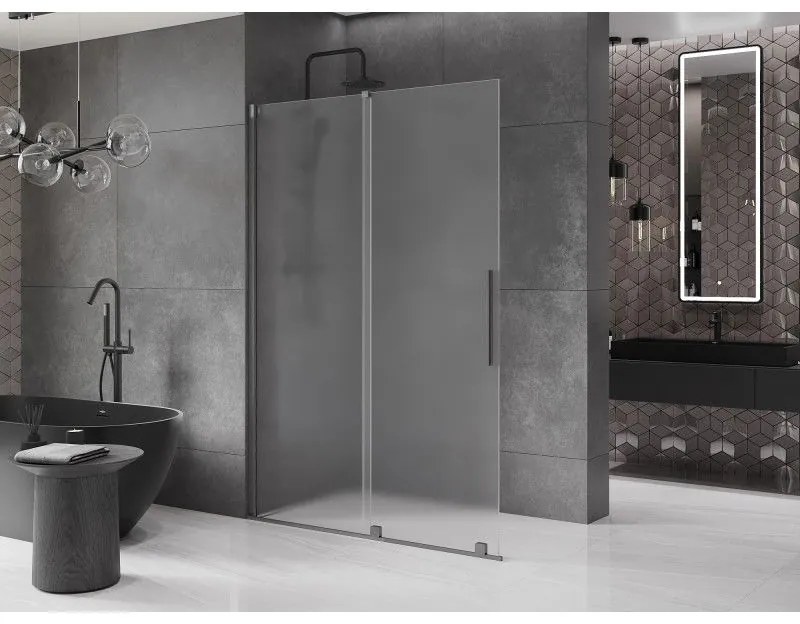 Mexen Velar, sprchová zástena s posuvnými dverami Walk-in 150 x 200 cm, 8mm sklo námraza, grafit brúsený, 871-150-000-33-66
