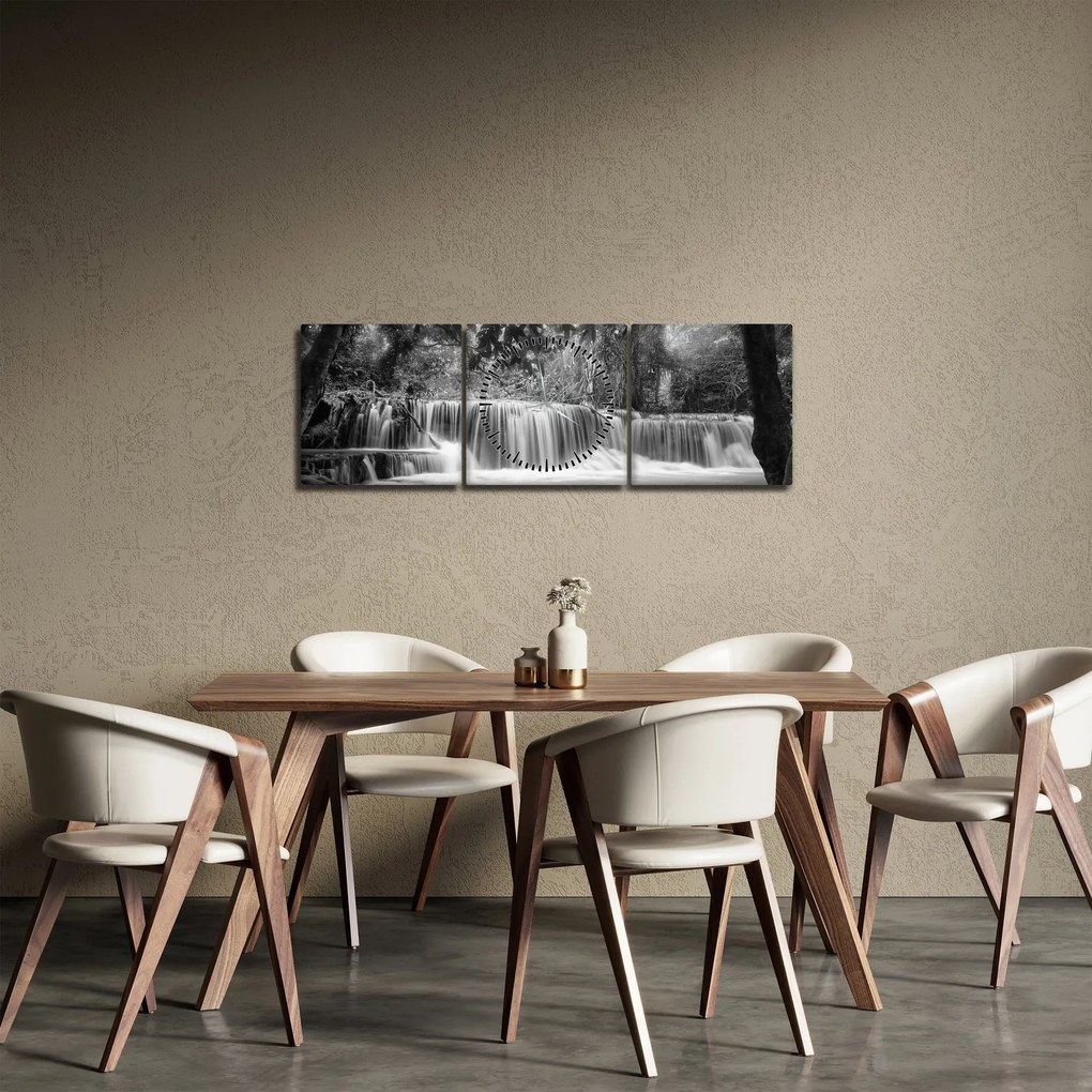 Obraz - Čiernobiely vodopád (s hodinami) (90x30 cm)