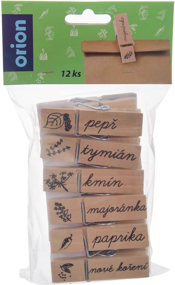 Štipce drevené 7 cm na korenie s popisom, sada 12 ks