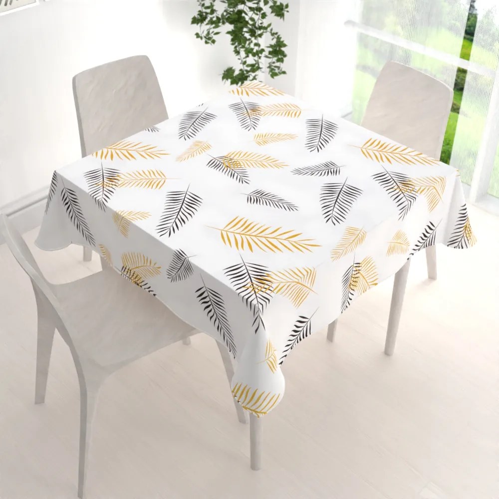 Biante Bavlnený obdĺžnikový obrus Sandra SA-219 Zlaté a čierne palmové listy na bielom 140x200 cm