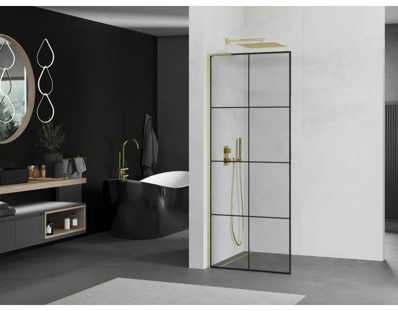 Mexen Kioto L, sprchová zástena Walk-In 80 x 200 cm, 8mm číre sklo čierny vzor, zlatý matný profil, 800-080-103-55-77