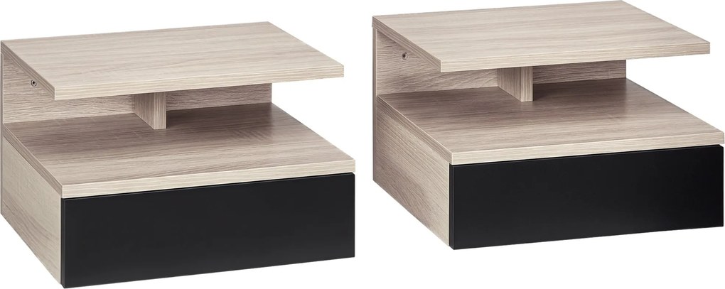 HOMCOM Sada 2 visiacich nočných stolíkov s 1 zásuvkou a otvorenou policou pre spálňu 35x32x22,5 cm Dub a čierna | Aosom