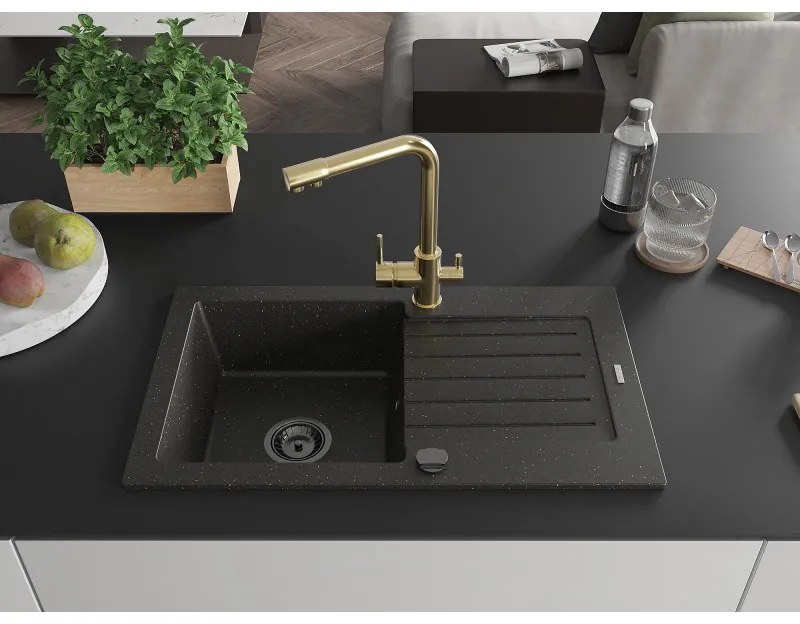 Mexen Pablo, granitový drez 752x436x161 mm, 1-komorový a zlatá batéria Duero, čierna - zlatá metalíza, 6510-75-671600-50-B