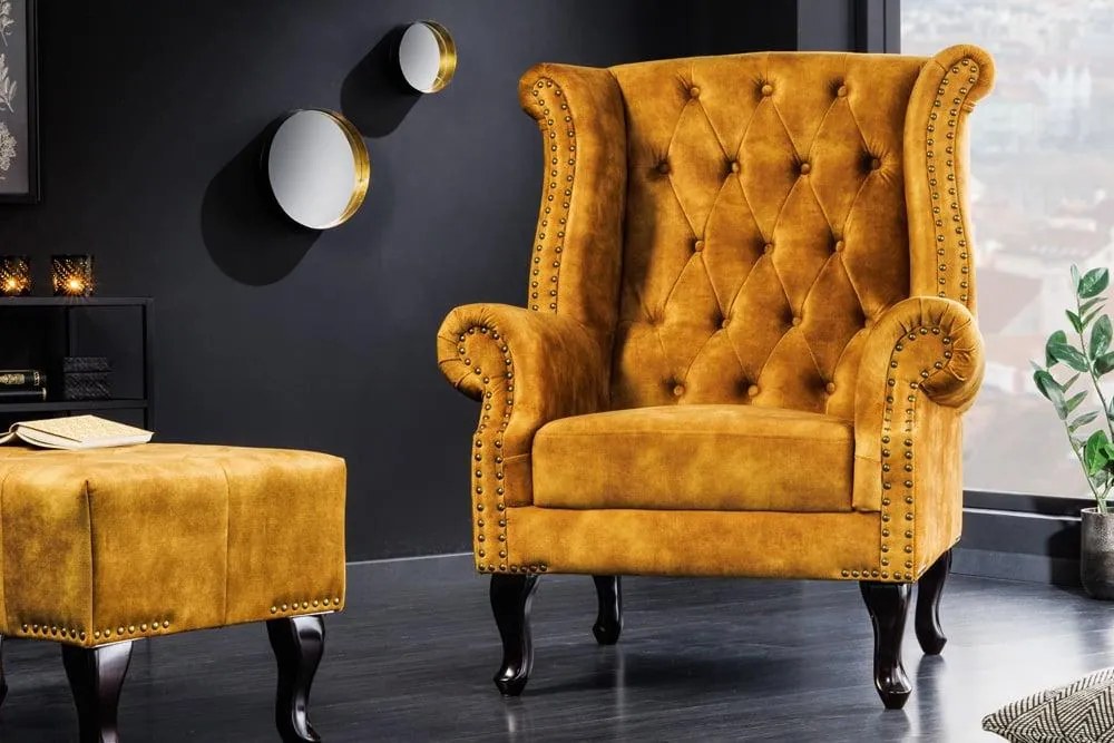 Invicta Interior - Kreslo CHESTERFIELD 85cm, horčicovo žlté, zamat