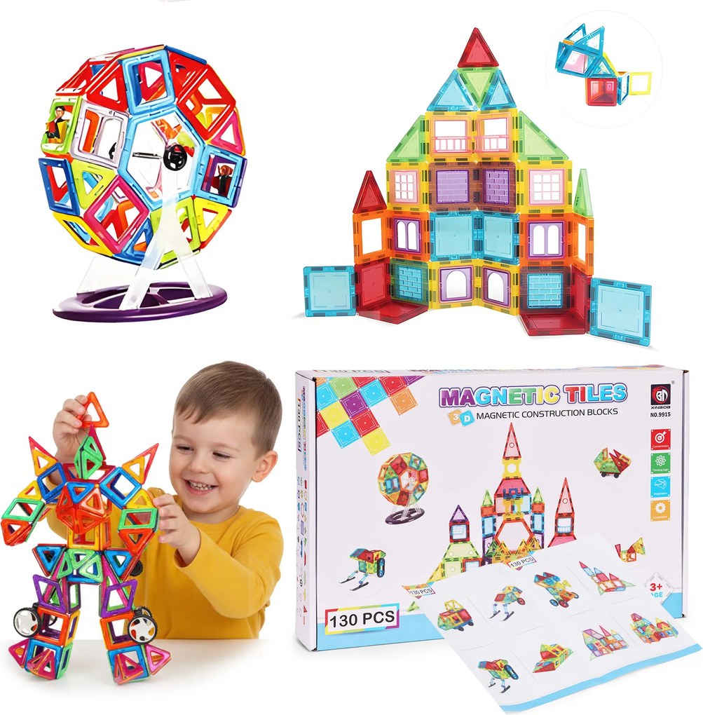MULTISTORE Magnetická stavebnica 130 dielov – magnetické kocky 2D/3D, kolieska, šablóny, 3+