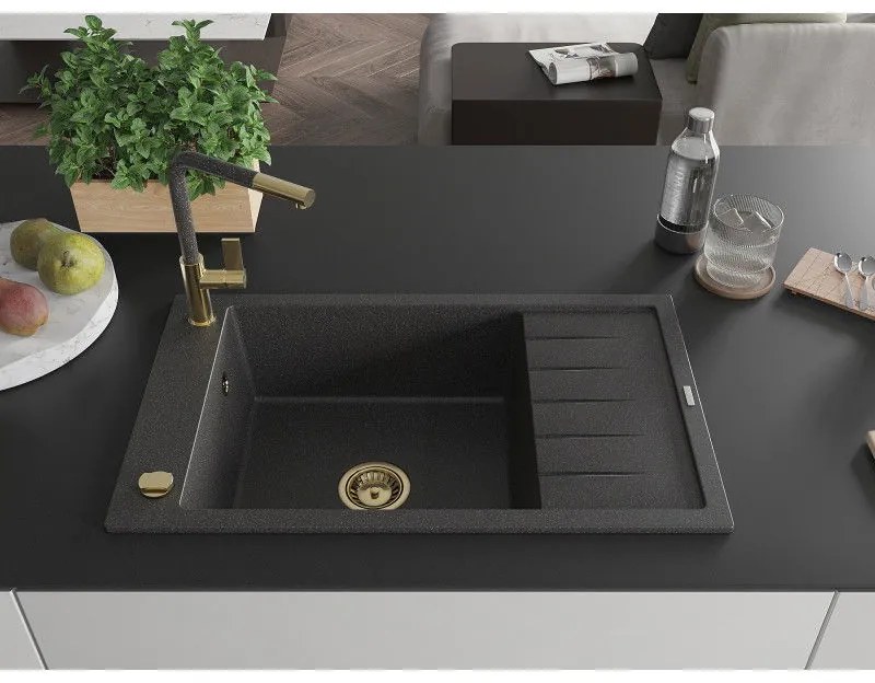 Mexen Elias, 1-komorový granitový drez 795x480x200 mm a drezová batéria Flora, čierna škvrnitá, 6511-76-670401-75-G