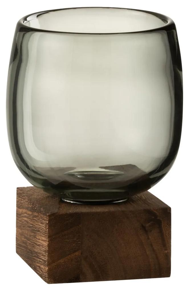 Sklenený svietnik / váza na drevenom podnose - 10 * 10 * 14 cm