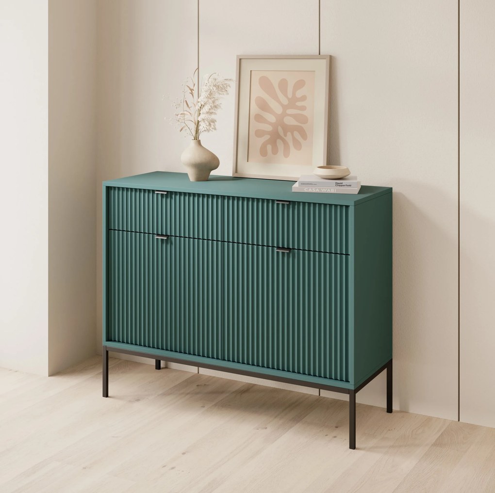 Komoda Nova 104 cm so zásuvkami zelená/čierne úchytky a čierny rám