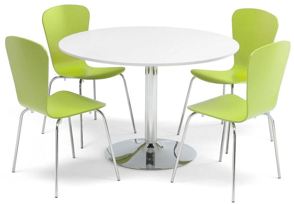Jedálenská zostava: stôl Ø1100 mm, biely + 4 stoličky, zelená
