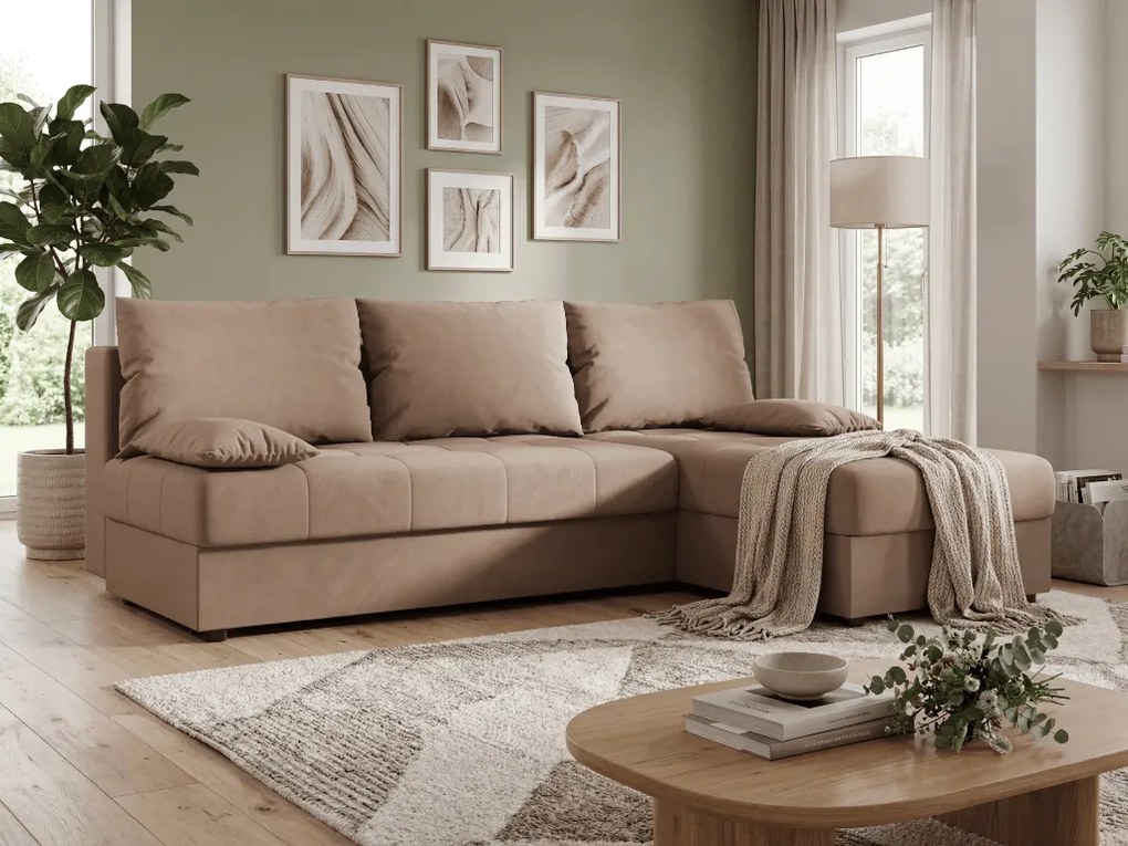Rozkladacia obojstranná sedacia súprava do L VENORIA SLIM 200x143 cm, béžová + 2 vankúšiky ZDARMA