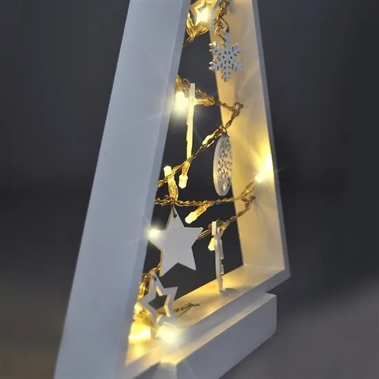 SOLIGHT LED drevený vianočný stromček s ozdobami, 15LED, prírodné drevo, 37cm, 2x AA