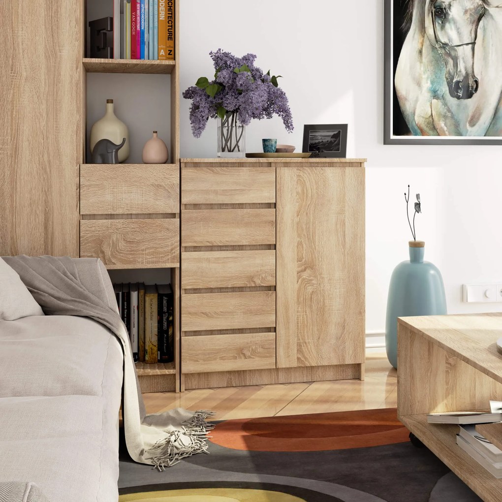 Komoda JERRY 80 cm 1 dvere 5 zásuviek dub sonoma