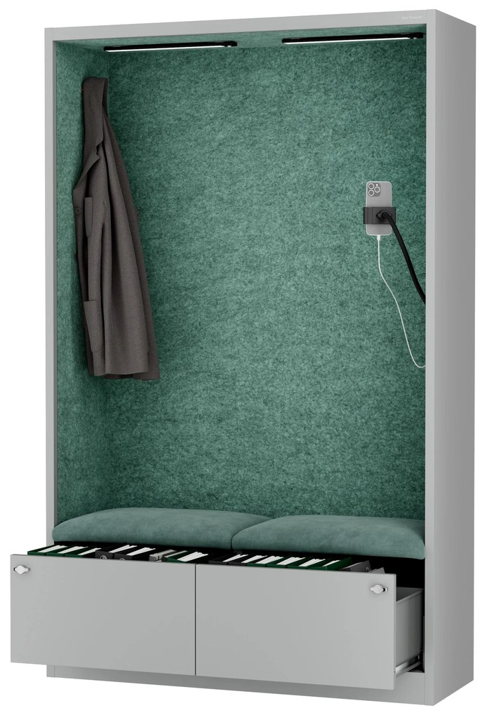Kancelárska akustická kabína so sedadlom a portom USB-C, telo v sivý farbe / sedadlo v zelenej farbe, 1150 mm: SALLY MentalBox