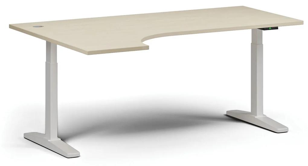 Výškovo nastaviteľný stôl, elektrický, 675-1325 mm, rohový ľavý, doska 1800x1200 mm, biela podnož, orech