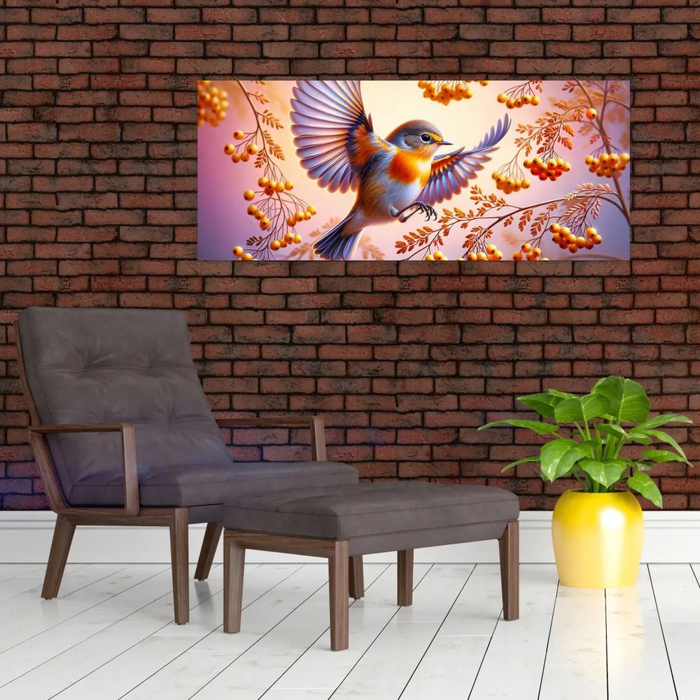 Obraz - Vták s jarabinou (120x50 cm)
