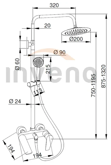 Invena Dokos, páková vaňová / sprchová batéria s hlavovou dažďovou sprchou 20cm, čierna matná, INV-AU-19-B04-V