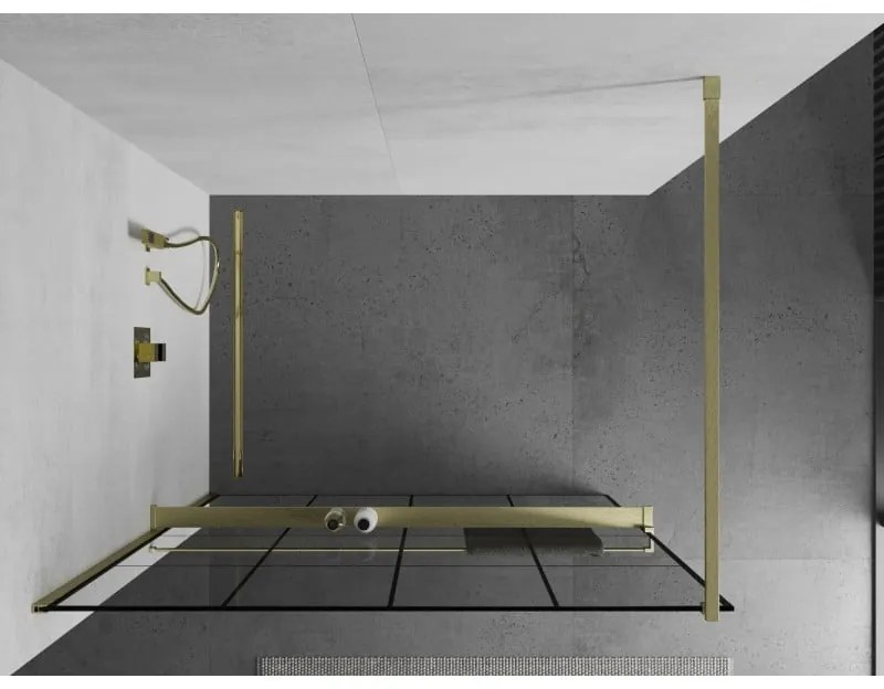 Mexen Kioto+, sprchová zástena Walk-In s poličkou a vešiakom 140 x 200 cm, 8mm číre sklo čierny vzor, zlatý matný profil, 800-140-121-55-77