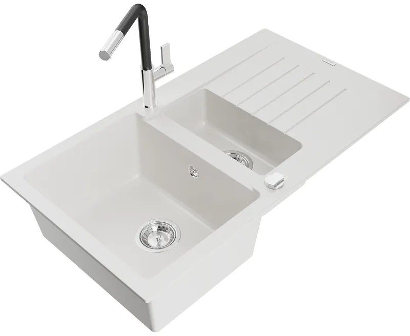 Mexen Matias, 1,5-komorový granitový drez 900x505x200 mm a drezová batéria Flora, biela, 6502-20-670401-07