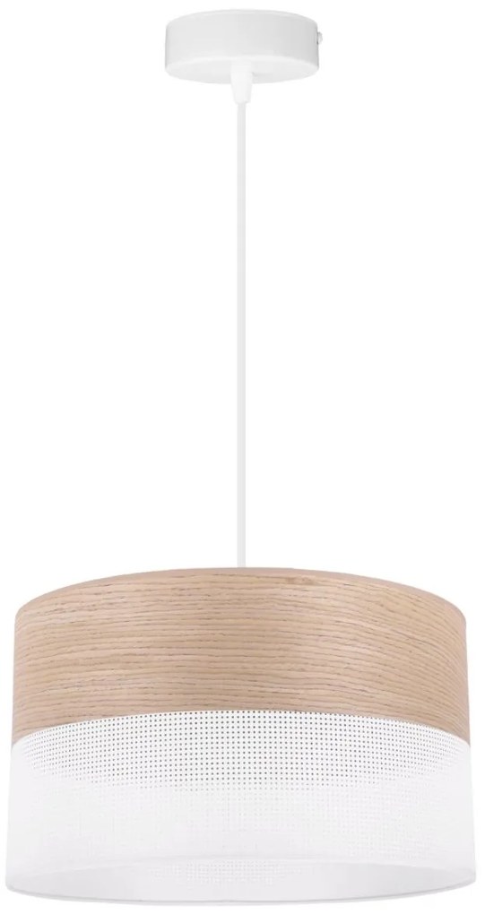 Závesné svietidlo Wood, 1x béžová dubová dýha/biele PVC tienidlo, (fi 30cm)