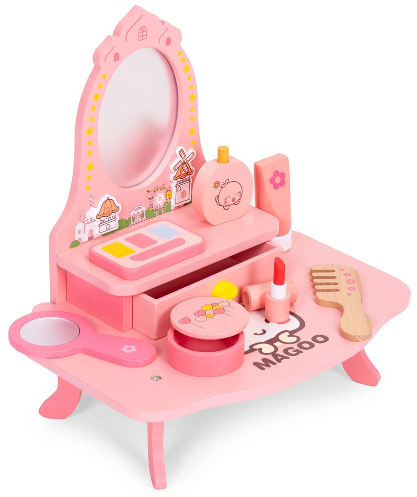 ECOTOYS Drevená toaletka pre dievčatá so zrkadlom a 7 doplnkami