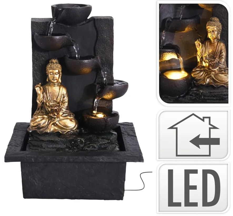 Záhradná fontána s osvetlením Budha, 30x21,5x18 cm, polistone, čierna