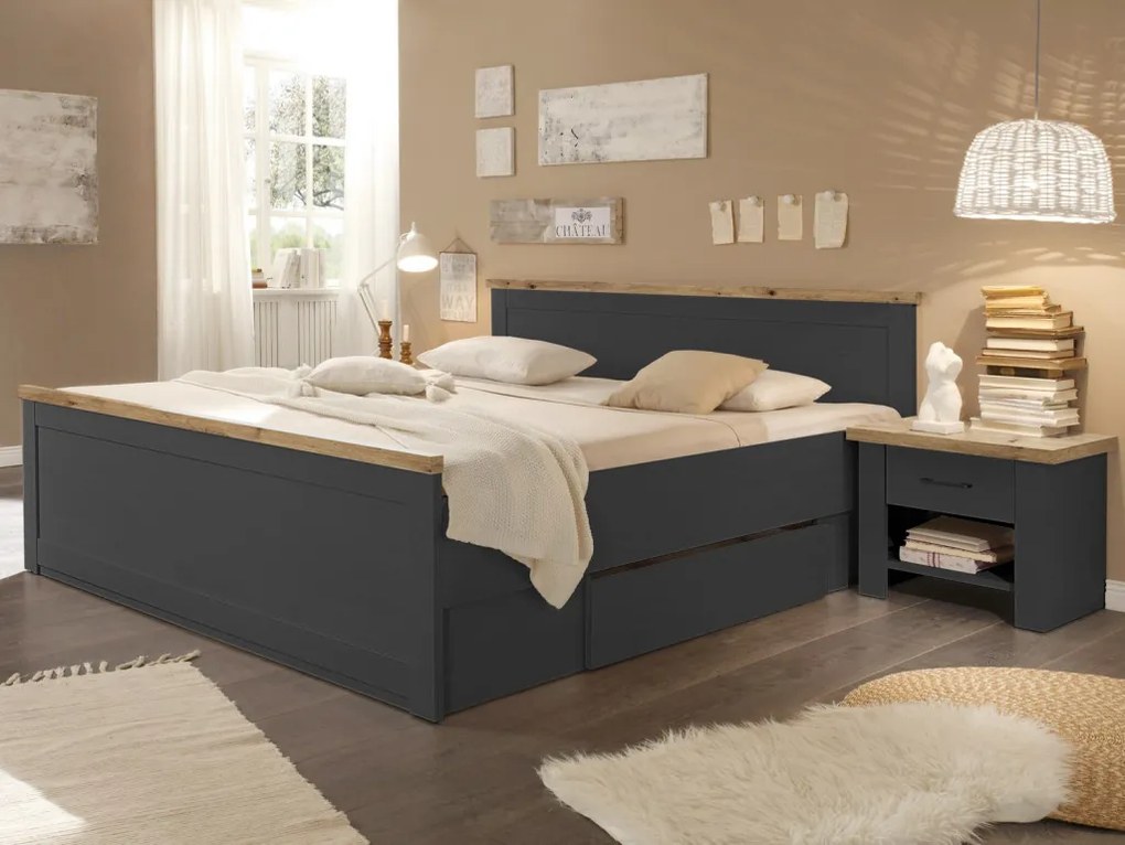 Posteľ s nočnými stolíkmi Locarno 180x200 cm, grafit/dub artisan