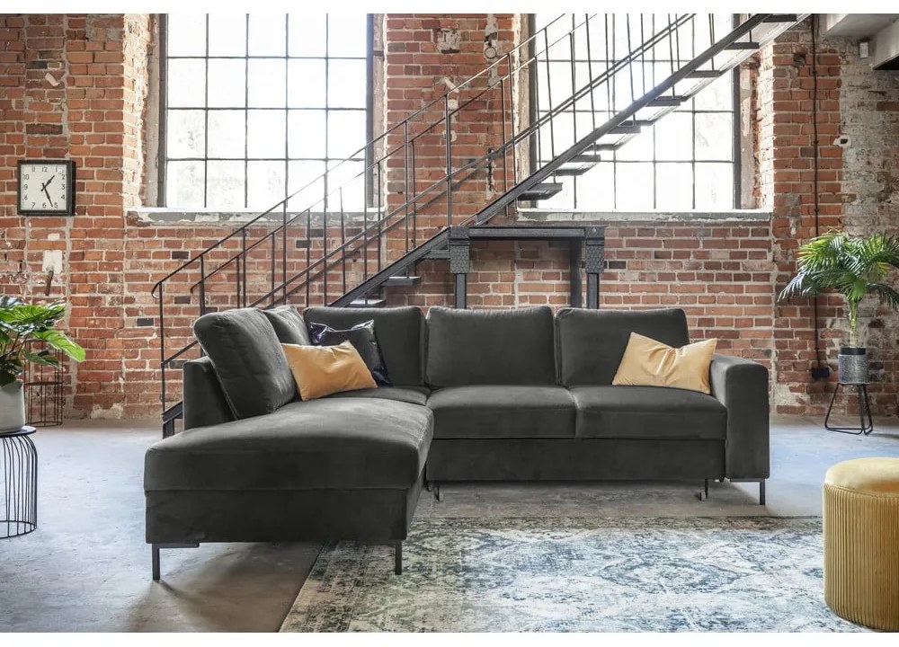 Tmavosivá zamatová rozkladacia rohová pohovka (ľavý roh) Lofty Lilly – Miuform