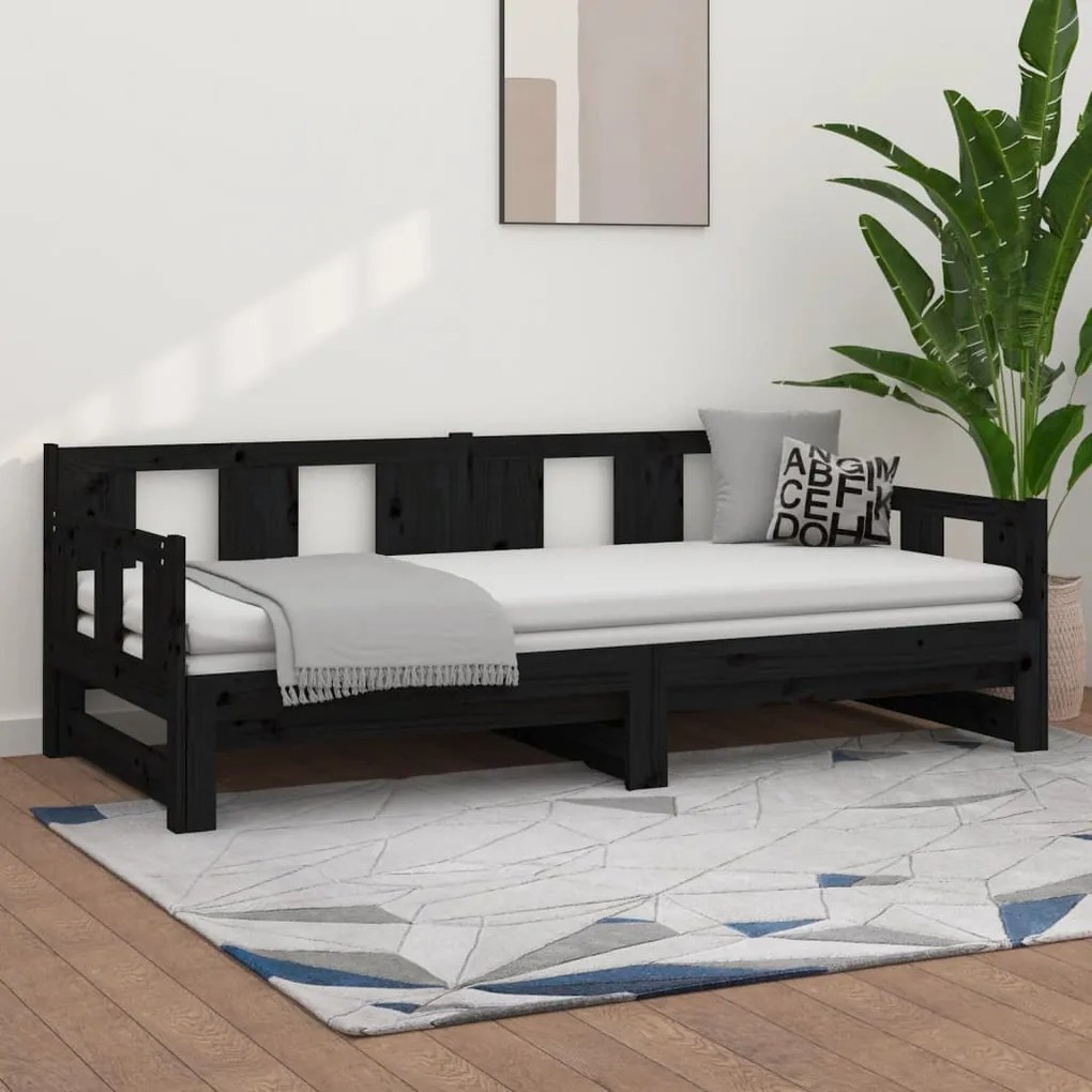 Rozkladacia denná posteľ čierna borovicový masív 2x(90x190) cm