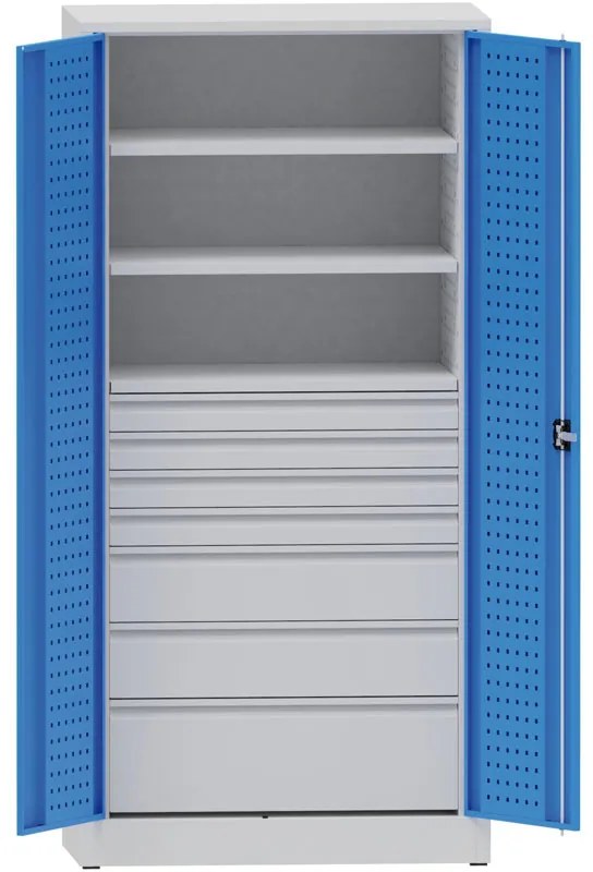 Dielenská kovová skriňa na náradie KOVONA, 2 police, 7 zásuviek, zváraná, nosnosť 80 kg, 950 x 500 x 1950 mm