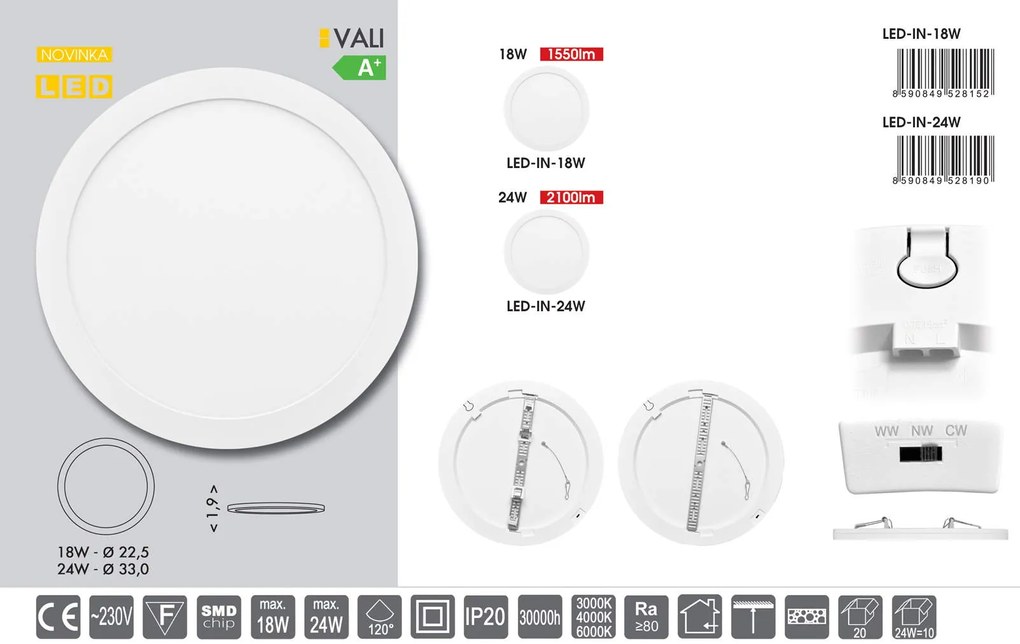 LED stropné svietidlo VALI 18W, 3000,4000,6000K