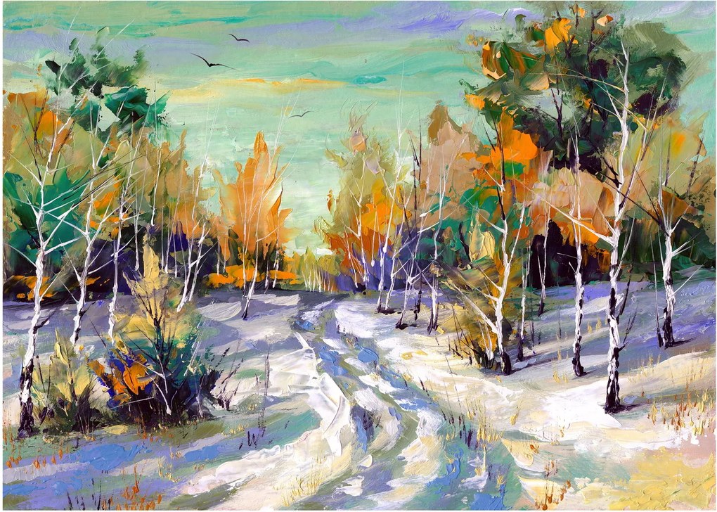 Sklenený obraz - Zasnežená cesta lesom, olejomaľba (70x50 cm)