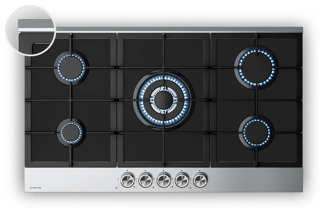 Klarstein Verosteel plynová varná doska, 5 horákov, Elektrické zapalovanie, Kompatibilná s zemným plynom a LPG, 10400W, 90cm